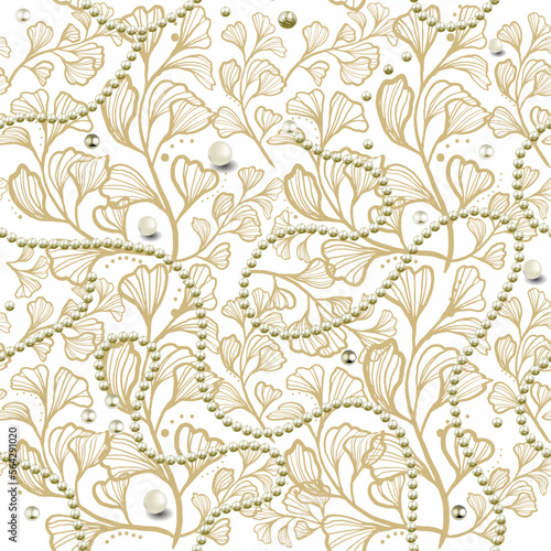 Ornamental floral jewelry vector seamless pattern. Surface 3d white pearls, beads. Lines hand drawn flowers, leaves. Beautiful patterned background. Decorative line art golden ornament with gemstones