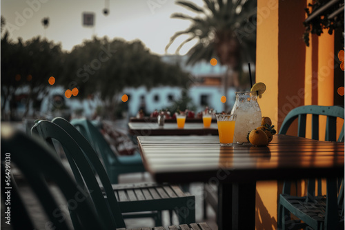 Beautiful restaurant's terrace, bar table, and chairs outdoor, generative ai