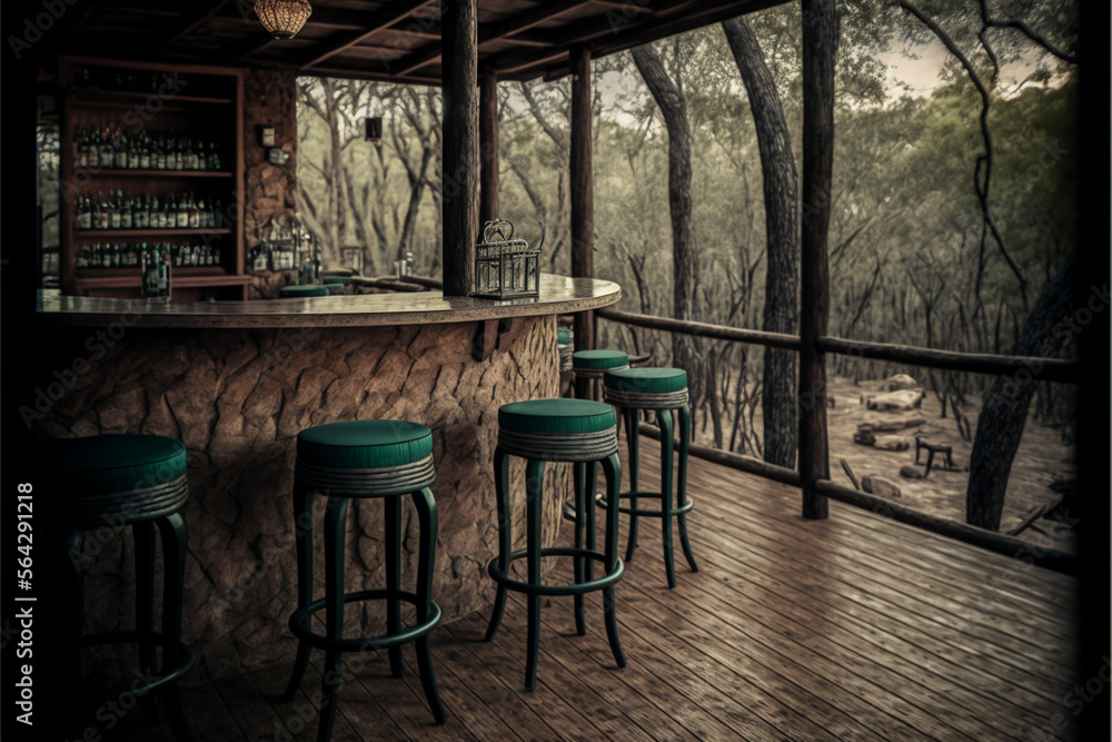 Beautiful forest restaurant's  terrace, bar table, and chairs outdoor, generative ai