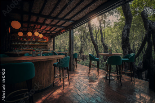 Beautiful forest restaurant's  terrace, bar table, and chairs outdoor, generative ai © VicenSanh