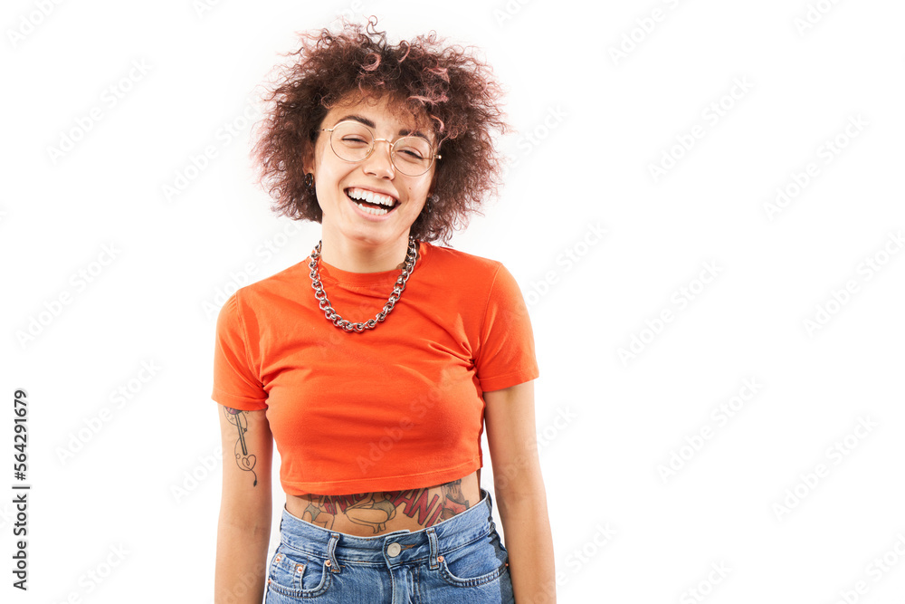Close-up Portrait of cool happy kazakh model girl with curls, tattoo and chain laughing and smiling isolated on white studio background Close-up Portrait of cool happy kazakh model girl with curls, tattoo and chain laughing and smiling isolated on white studio background