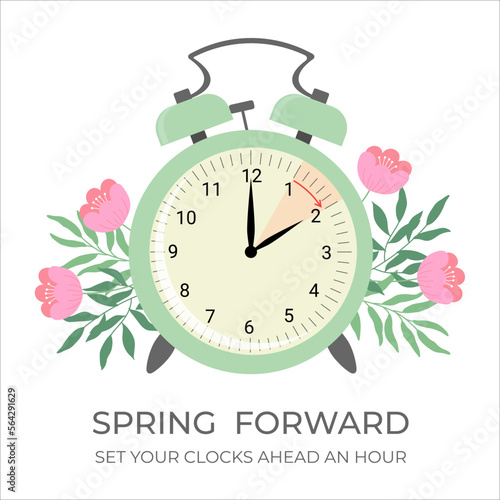Daylight saving time concept banner. Spring forward time. Allarm clock with flowers and leaves.