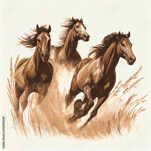 Horses running in tall grass