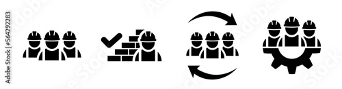 Building contractor icon set in flat Good work of industrial worker. Construction worker and brick wall with check mark symbol. Approved work, teamwork. Builders icons, Vector illustration for graphic