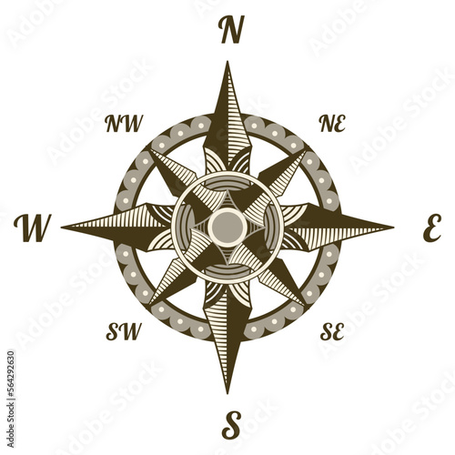 Retro nautical compass. Hand drawn wind rose. Old vector design element for marine theme and heraldry. Vintage rose of wind for sea marine navigation