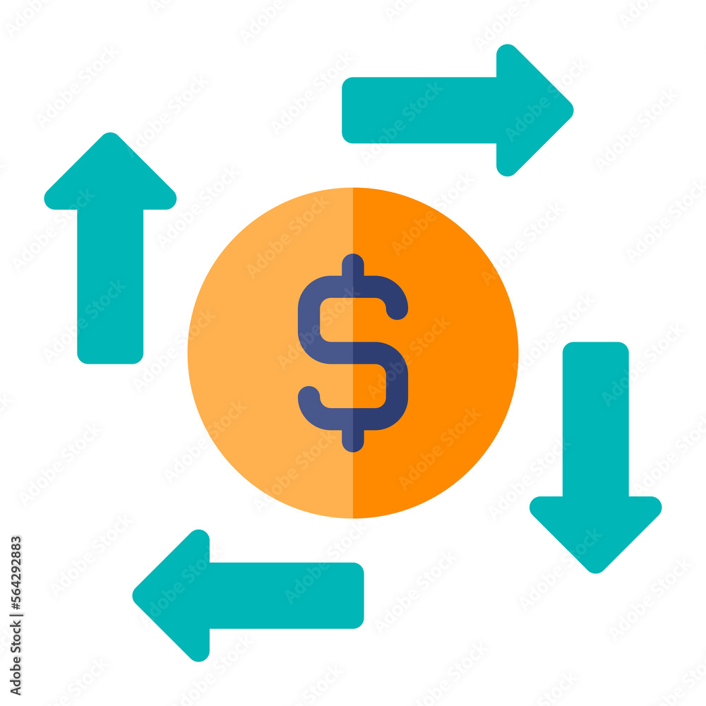 Isolated dollar coin with arrows in flat icon on white background. Cash flow, cash out, funding, transaction, conversion, earnings Isolated dollar coin with arrows in flat icon on white background. Cash flow, cash out, funding, transaction, conversion, earnings