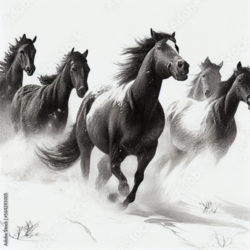 Horses running in the snow