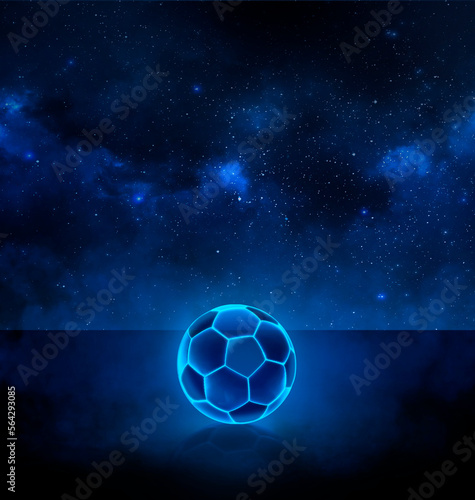 Soccer ball with bright blue glowing neon lines on stars background with smoke. 3d render