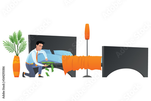 Man keep money under bed mattress. Male character poor financial literacy, cash saving, cartoon vector illustration isolated on white. Dollar stash in bad place, person get cash