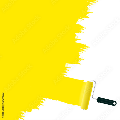 Isolated on white background paint roller with painted marking colored yellow