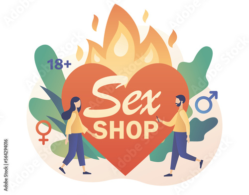 Sex shop. Adult store. Female and male sex symbol. Erotic concept. Heart in fire sign. Modern flat cartoon style. Vector illustration on white background