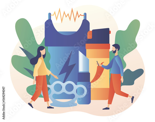 Self defense shop. Tiny people arming against bandits and hooligans. Electric shock, pepper spray, brass knuckle, knife. Modern flat cartoon style. Vector illustration on white background
