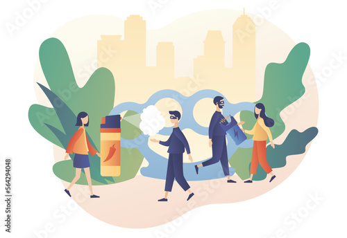 Self defense. Tiny people arming against bandits and hooligans. Electric shock, pepper spray, brass knuckle. Modern flat cartoon style. Vector illustration on white background
