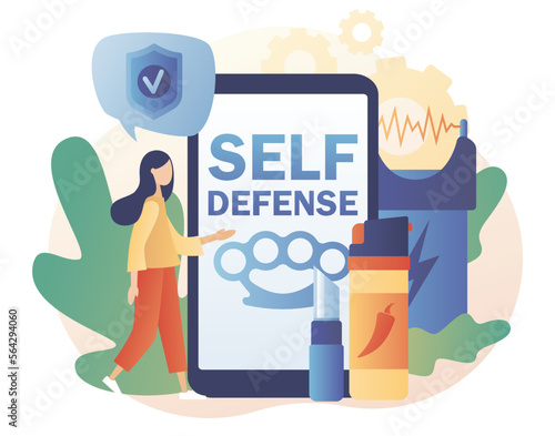 Self defense smartphone app. Electric shock, pepper spray, brass knuckle, knife. Tiny woman arming against bandits and hooligans. Modern flat cartoon style. Vector illustration on white background
