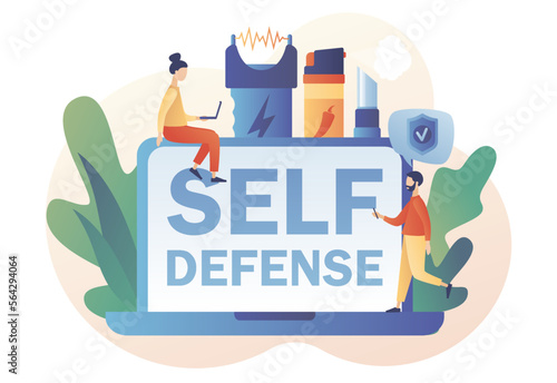 Self defense online. Tiny people arming against bandits and hooligans. Electric shock, pepper spray, brass knuckle, knife. Modern flat cartoon style. Vector illustration on white background
