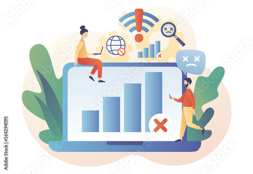 No internet connection. No signal network. Wireless connectivity disconnect. Error connection wifi on laptop. Modern flat cartoon style. Vector illustration on white background
