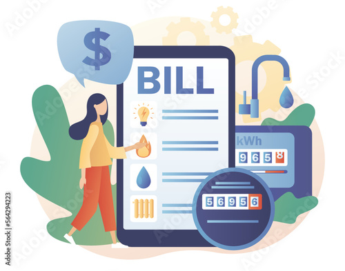 Household services. Utility bills in smartphone app. Regular payments as gas, water, electricity, heating. Saving resources concept. Modern flat cartoon style. Vector illustration on white background