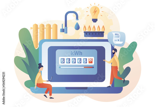 Household services online. Utility bills. Regular payments as gas, water, electricity, heating. Saving resources concept. Modern flat cartoon style. Vector illustration on white background