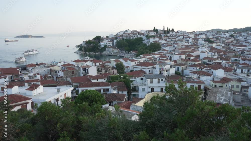 Old Port and town from elevated position at sunset, Skiathos Town, Skiathos, Sporades Islands, Greek Islands Old Port and town from elevated position at sunset, Skiathos Town, Skiathos, Sporades Islands, Greek Islands