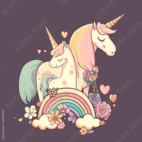 Cute mother unicorn with kid girl, in flowers, rainbow, hearts. Beautiful cartoon character mom and baby magic horse animals. Vector illustration for Mother's day card, design