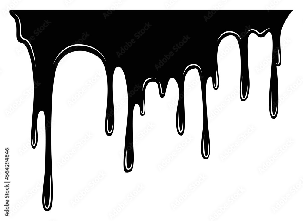 Paint dripping liquid. Flowing oil stain. Set of black drips. Abstract flow stencil, current ink streak or fluid smudge. Vector illustration on white background Paint dripping liquid. Flowing oil stain. Set of black drips. Abstract flow stencil, current ink streak or fluid smudge. Vector illustration on white background