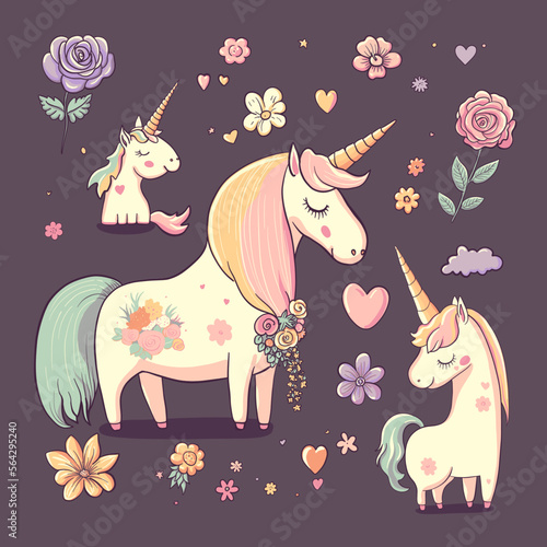 Cute mother unicorn with child girl, flowers, hearts. Beautiful cartoon character mom and baby animals. Watercolor vector image for Mothers day card, design