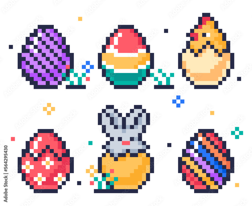 Fototapeta premium Pixel 8 bit easter eggs. Pixel art arcade game eggs icons, painted chicken eggs, cute bunny and baby chicken egg hunt game flat vector illustration set on white background
