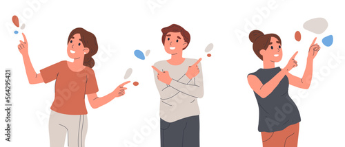 People pointing up. Character indicating and pointing with index finger, cheerful man and woman pointing up flat vector illustration on white background.eps