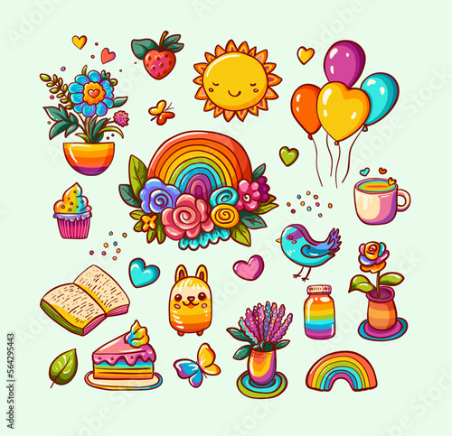 Rainbow items set for spring, summer design. Bright rainbows with flowers, cakes, tea cup, sun. Vector colorful collection of creative elements bundle