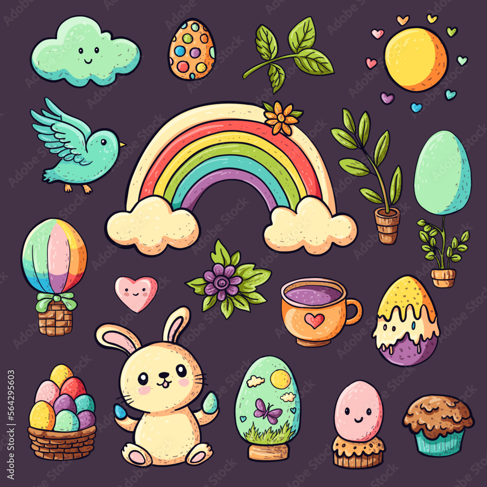Naklejka premium Easter set - cute cartoon bunny, rainbow,eggs, flowers, sun, character bird,other easter design elements. Vector childish clip art collection for holiday spring , card, poster in vintage retro style