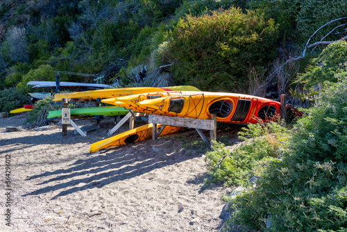 Colorful kayaks at the beach of Lago General Carrera near the famous Marble Caves in southern Chile 