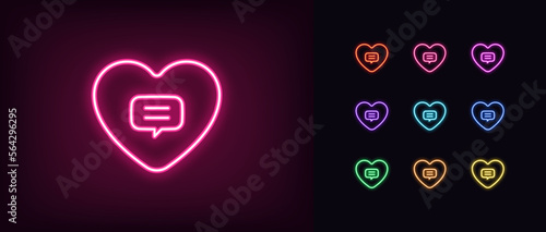 Outline neon love chat icon set. Glowing neon heart frame with chat sign, romantic communication pictogram. Online dating, love message, romantic talk, private live chat.