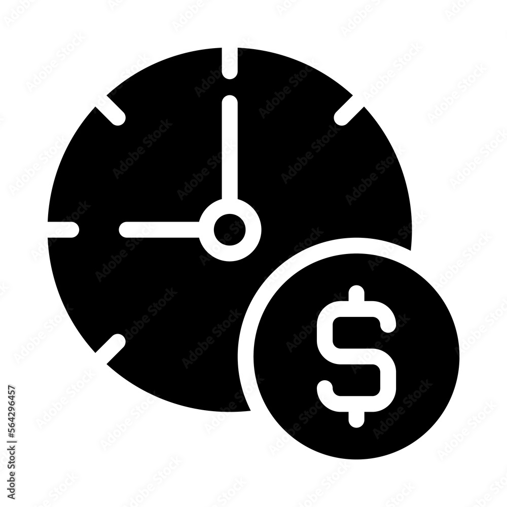 Isolated clock with dollar coin in solid glyph icon on white background. Time is money, working time, office hours, timer, business and finance Isolated clock with dollar coin in solid glyph icon on white background. Time is money, working time, office hours, timer, business and finance