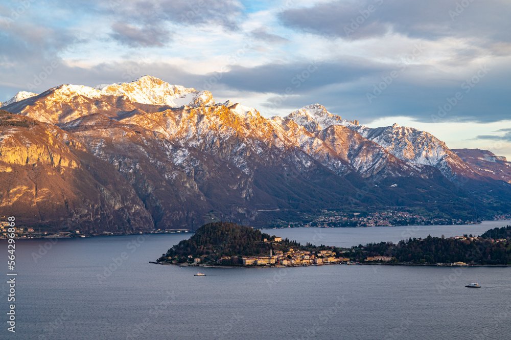 The panorama of Lake Como, from the church of San Martino in Griante, showing Bellagio and the surrounding mountains.