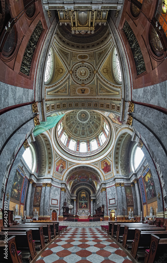 Esztergom, Hungary. Vertical panorama of interior of Esztergom Basilica. The Primatial Basilica of the Blessed Virgin Mary Assumed Into Heaven and St Adalbert was built in 1822-1869.