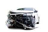 Front of white car get damaged by accident on the road. damaged cars after collision. isolated on transparent background, PNG file