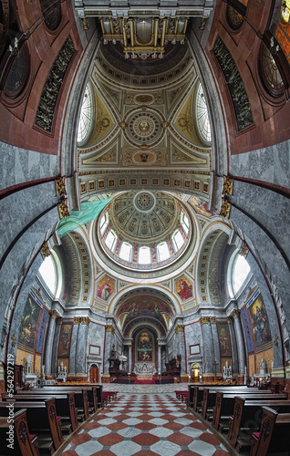 Esztergom, Hungary. Vertical panorama of interior of Esztergom Basilica. The Primatial Basilica of the Blessed Virgin Mary Assumed Into Heaven and St Adalbert was built in 1822-1869.