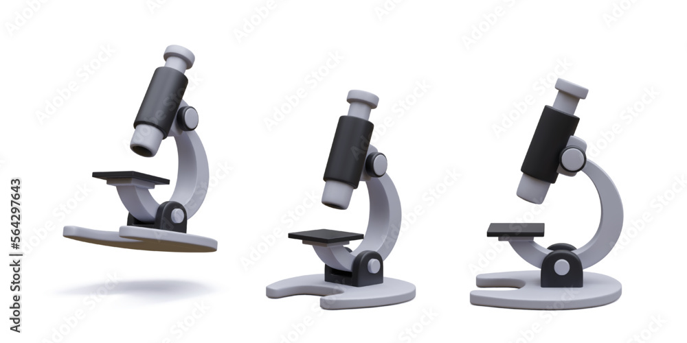 Set of 3d realistic microscope isolated on light background. Science, pharmaceutical and education concept. Microbiology magnifying tool. Vector illustration Set of 3d realistic microscope isolated on light background. Science, pharmaceutical and education concept. Microbiology magnifying tool. Vector illustration