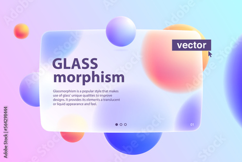 Transparent neumorphism board. Lilac colored frosted glass banner with colorful floating spheres. photo