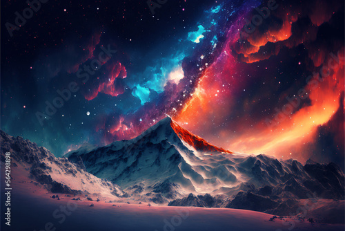 Colorful galaxy over snow mountains