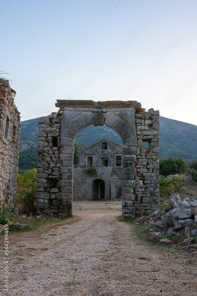 Old Perithia, Corfu's oldest village, incredible ruins of stone build houses, close to Mount Pantokrator, abandoned village of Sinies. Greece.