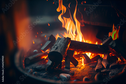 Fototapeta Burning firewood in the fireplace