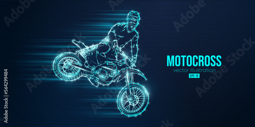 Abstract silhouette of a motocross rider, man is doing a trick, isolated on blue background. Enduro motorbike sport transport. Vector illustration