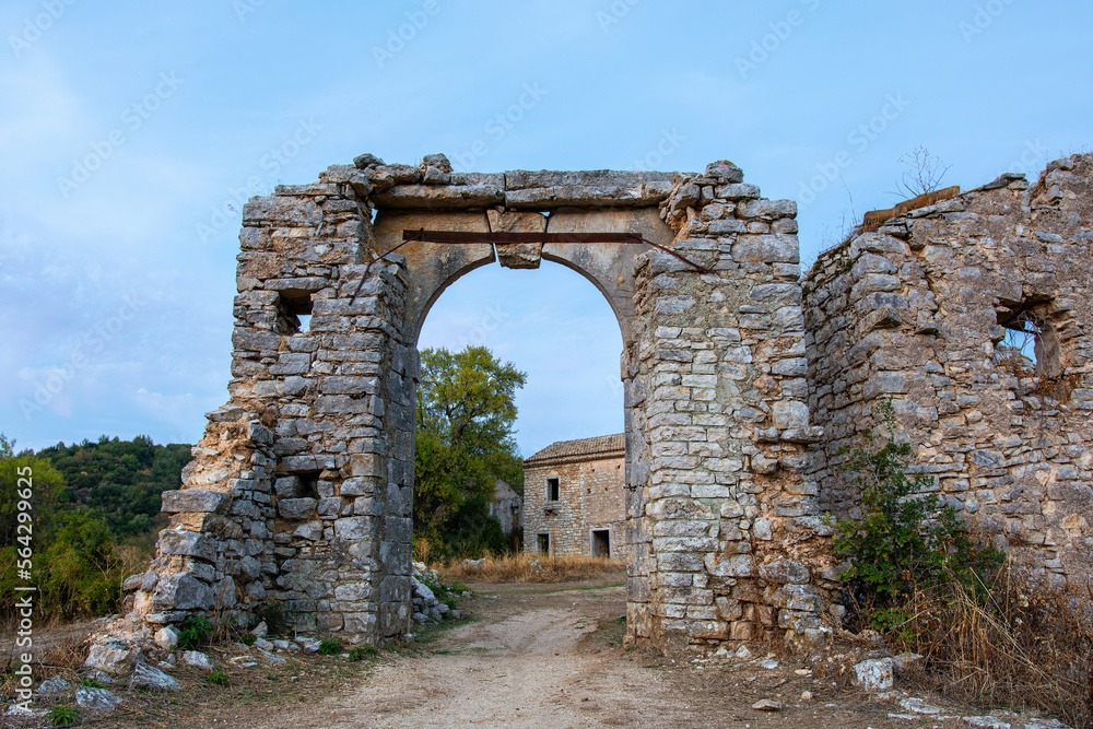 Old abandoned stone-built house in Old Perithia at Pantokrator Mountain, Corfu Island, Greece. Old Perithia is a ghost village on the northern side of Corfu.