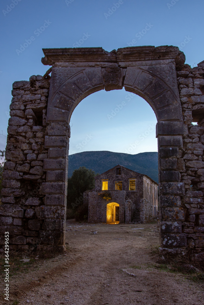 Old abandoned stone-built house in Old Perithia at Pantokrator Mountain, Corfu Island, Greece.