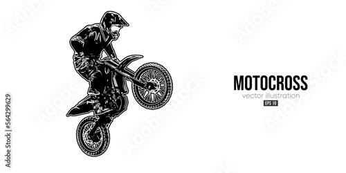 Abstract silhouette of a motocross rider, man is doing a trick, isolated on white background. Enduro motorbike sport transport. Vector illustration