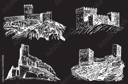 Graphical set of medieval catles isolated on black, vector engraved illustration.Architecture
