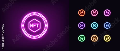 Outline neon nft token icon set. Glowing neon token frame with NFT sign, cryptographic game coin. Digital token and cryptocurrency, virtual money, NFT marketplace, crypto wallet.
