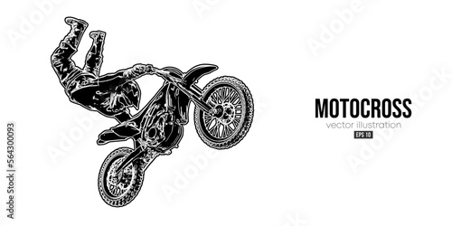 Abstract silhouette of a motocross rider, man is doing a trick, isolated on white background. Enduro motorbike sport transport. Vector illustration