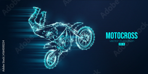 Abstract silhouette of a motocross rider, man is doing a trick, isolated on blue background. Enduro motorbike sport transport. Vector illustration
